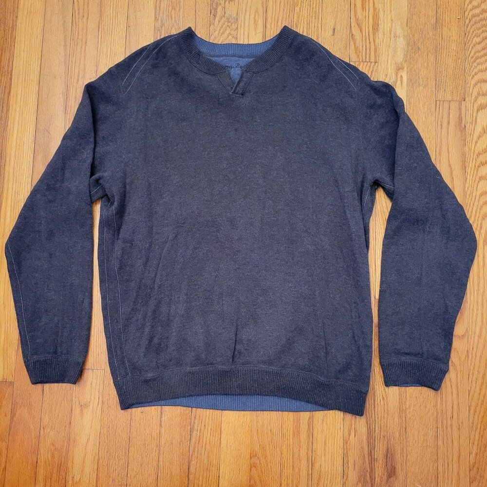 Tommy Bahama Pullover Sweater Notch V Neck Layering Winter L Reversible Gray Blu